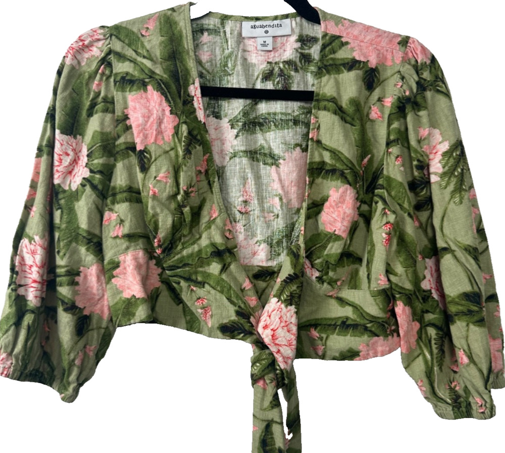 Aguabendita Target Floral Green Pink M Peony Print Wrap Blouse Linen Blend A58